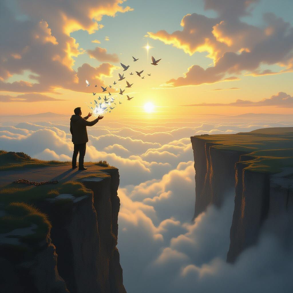 Man Releasing Doves at Dawn on Cliff Edge