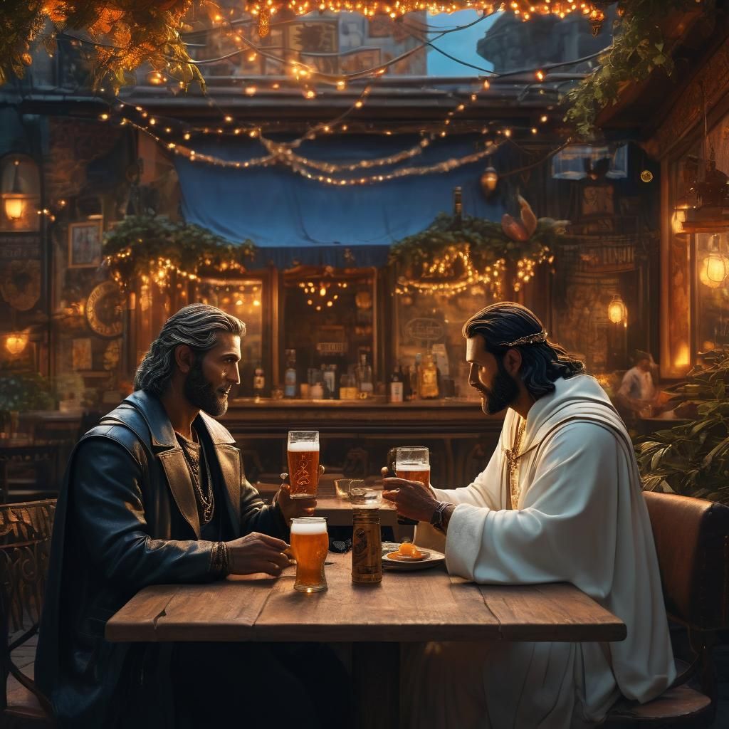 Lucifer and Jesus Drinking Beer in Cozy Cafe