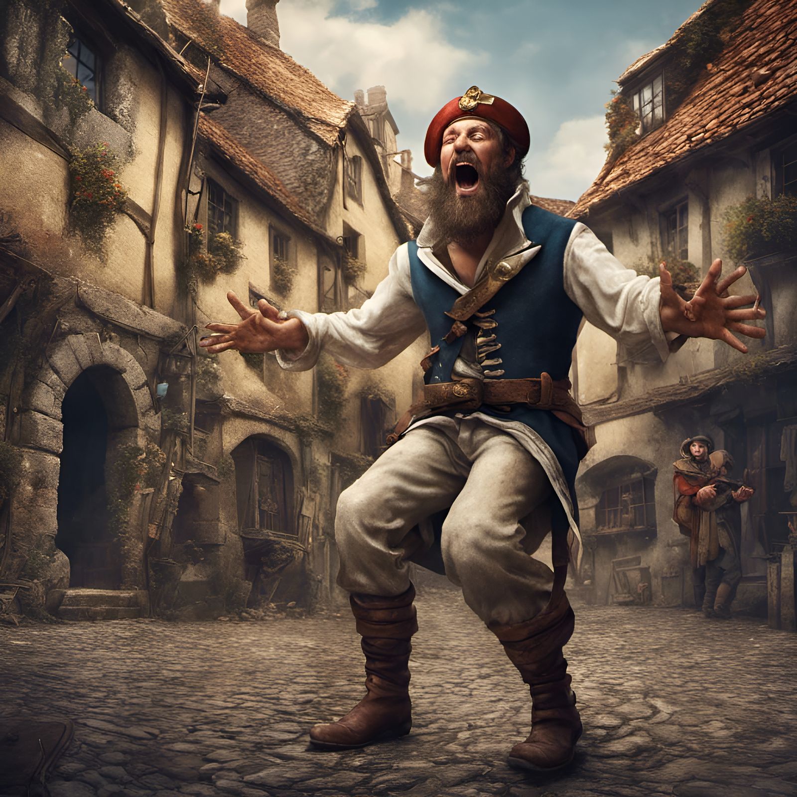 Drunken Sailor in Medieval Town: Hyperrealistic Masterpiece