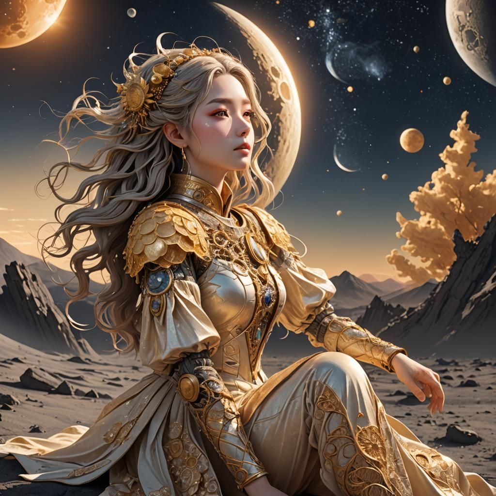 Anime Lady on the Moon Gazing at Earth