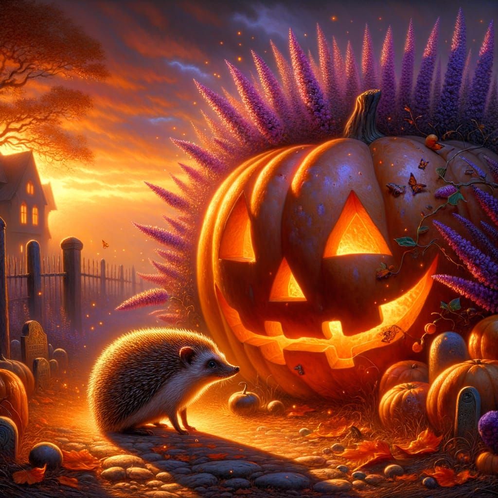 Hedgehog and Glowing Jack o' Lantern in Magical Realism