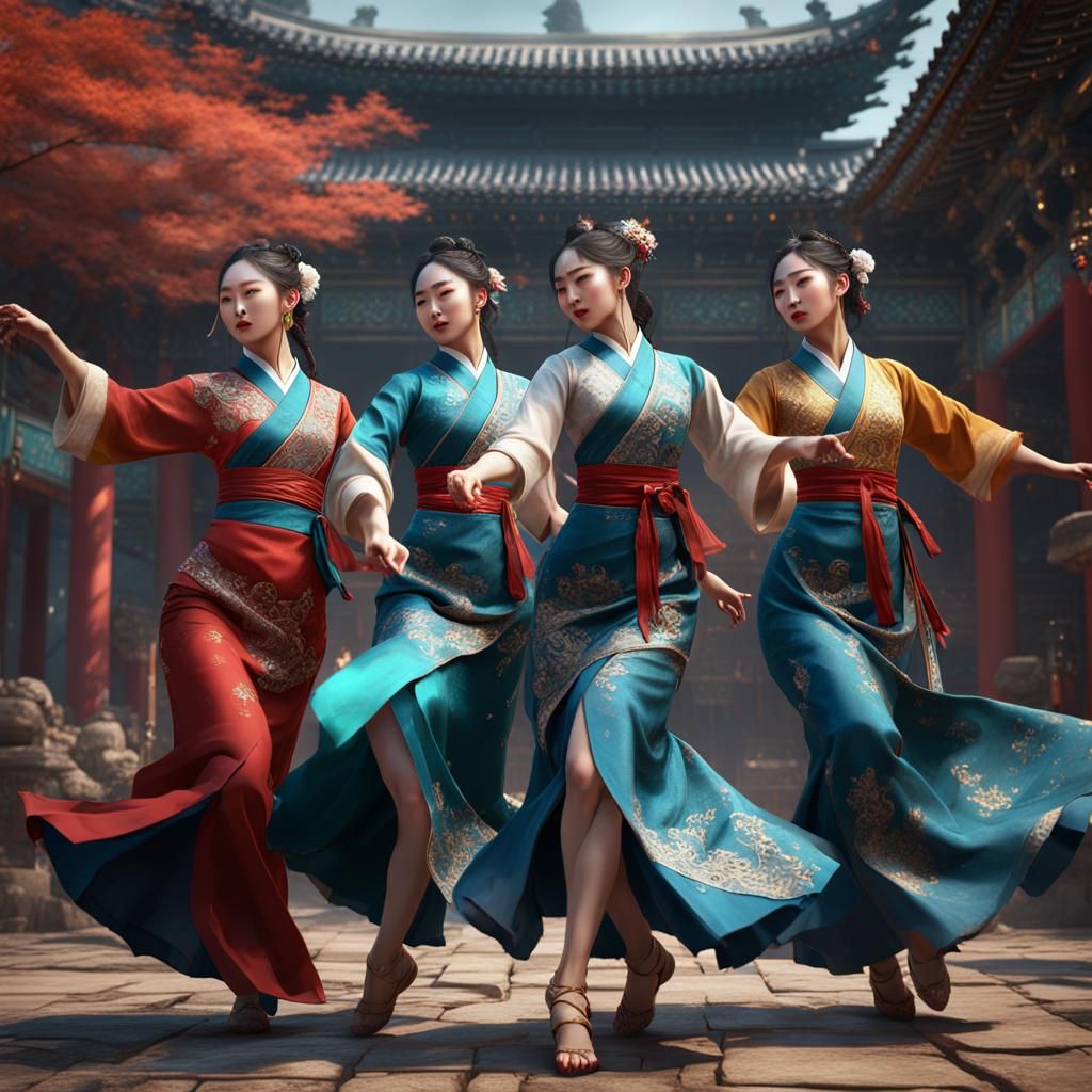 Korean Girls Dancing: Detailed Fantasy Concept Art