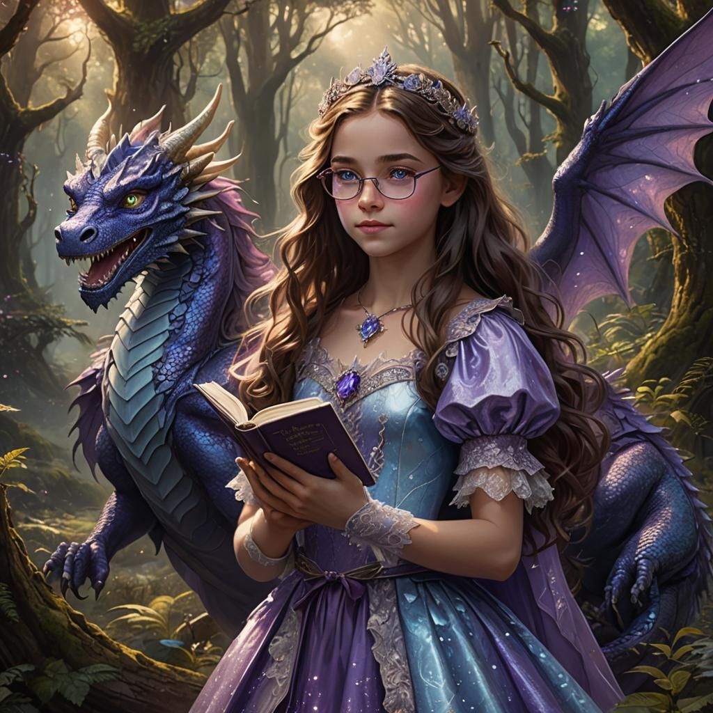 Winged Girl with Dragon in Forest: Digital Painting