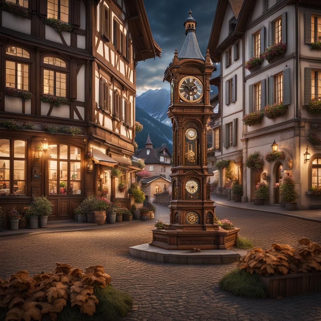 Intricate Wood Carving: Swiss Clock Tower