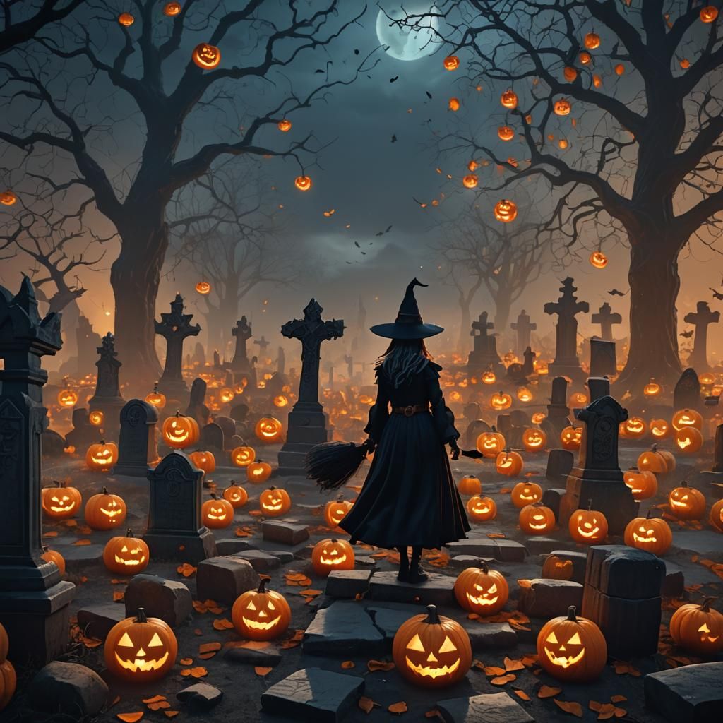 Witch in Graveyard with Jack-o'-Lanterns, Dark Fantasy Art
