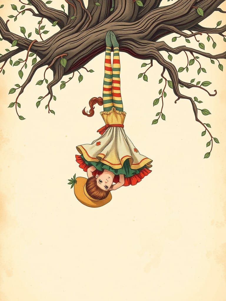 Whimsical Pippi Longstocking Scene in Arts and Crafts Style