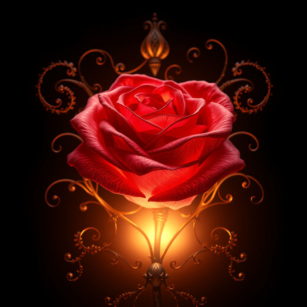 Ornate Red Rose with Swirling Decorations