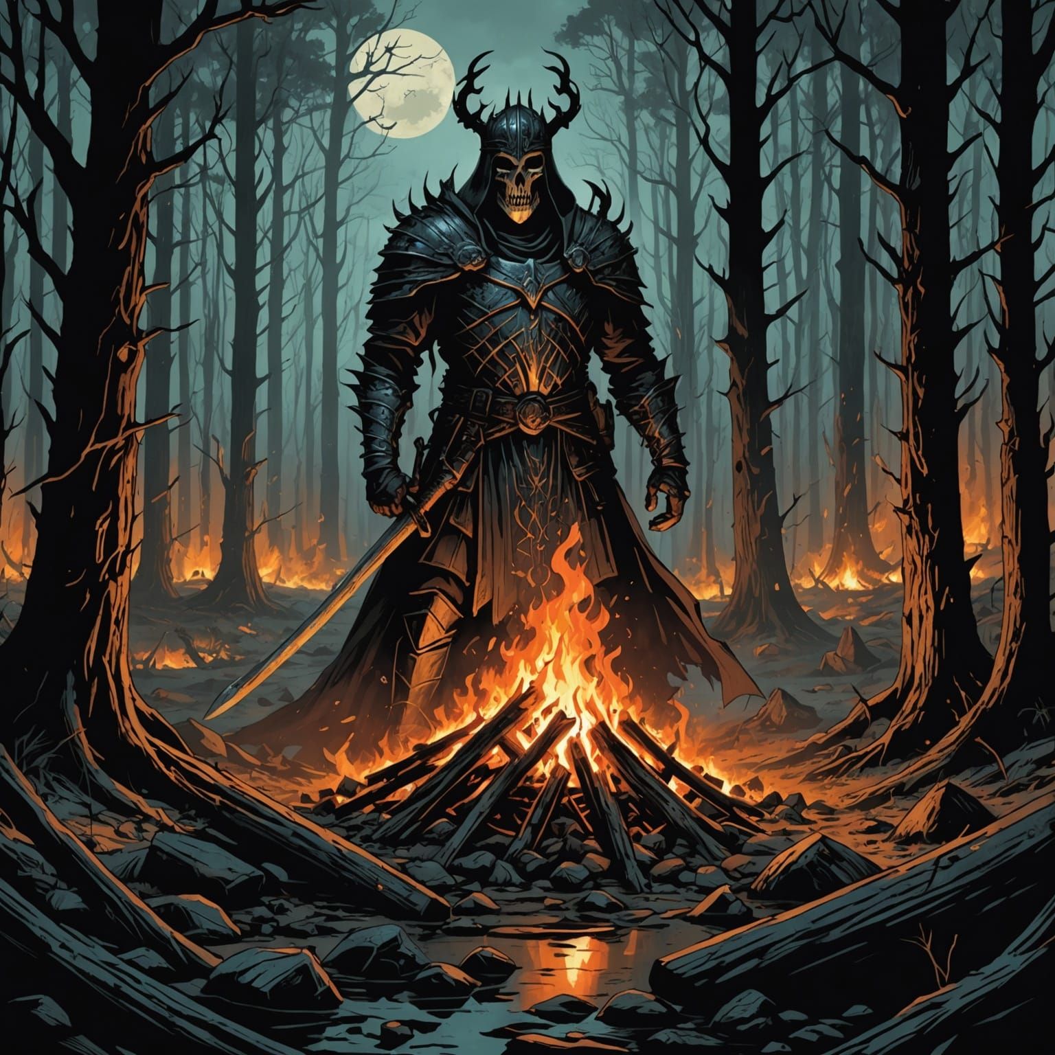 Blazing Pyre in Dark Forest: Comic Book Art