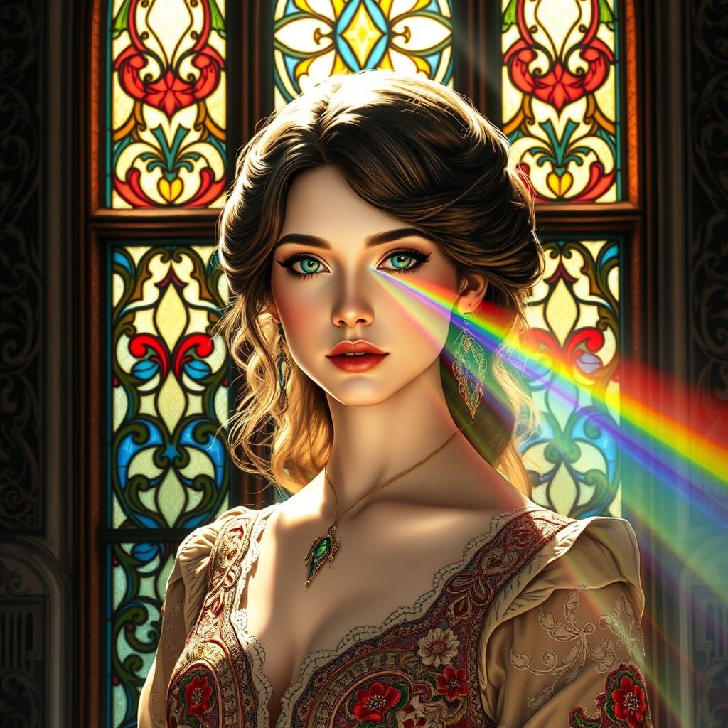 Woman with Rainbow Light, Alphonse Mucha Style