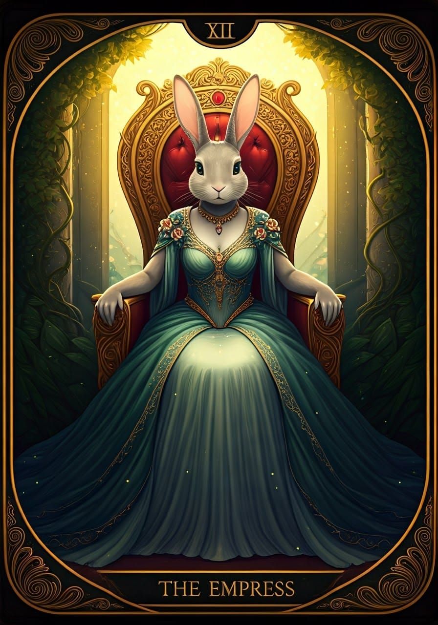 Rabbit Empress on Throne in Tarot Card Style