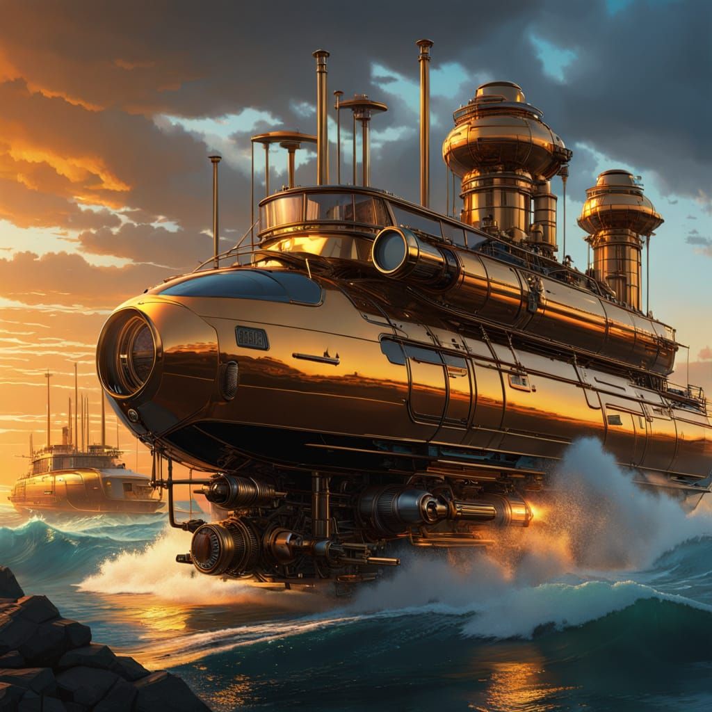 Steampunk Cat Drives Waterwheel Boat on Stormy Sea