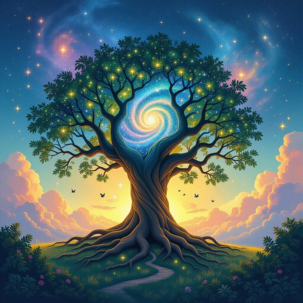 Ancient Cosmic Tree with Stardust Leaves and Sprites
