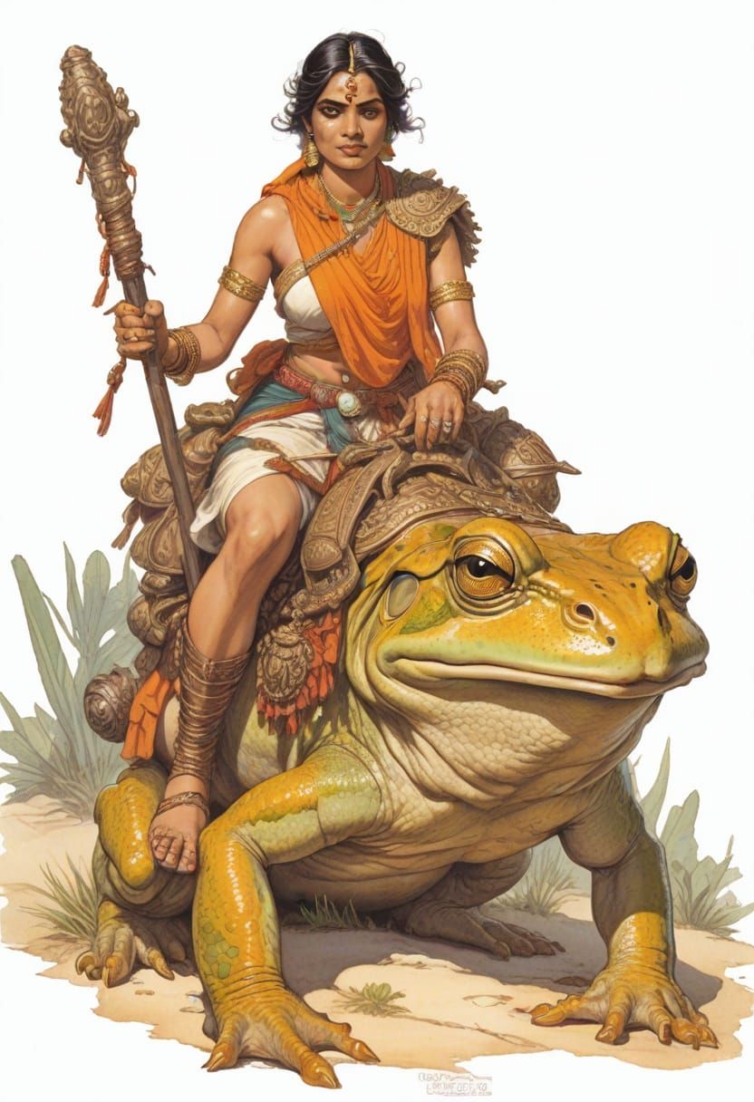 Heroic Fantasy Hindu Woman Rides a Giant Frog in a Detailed ...
