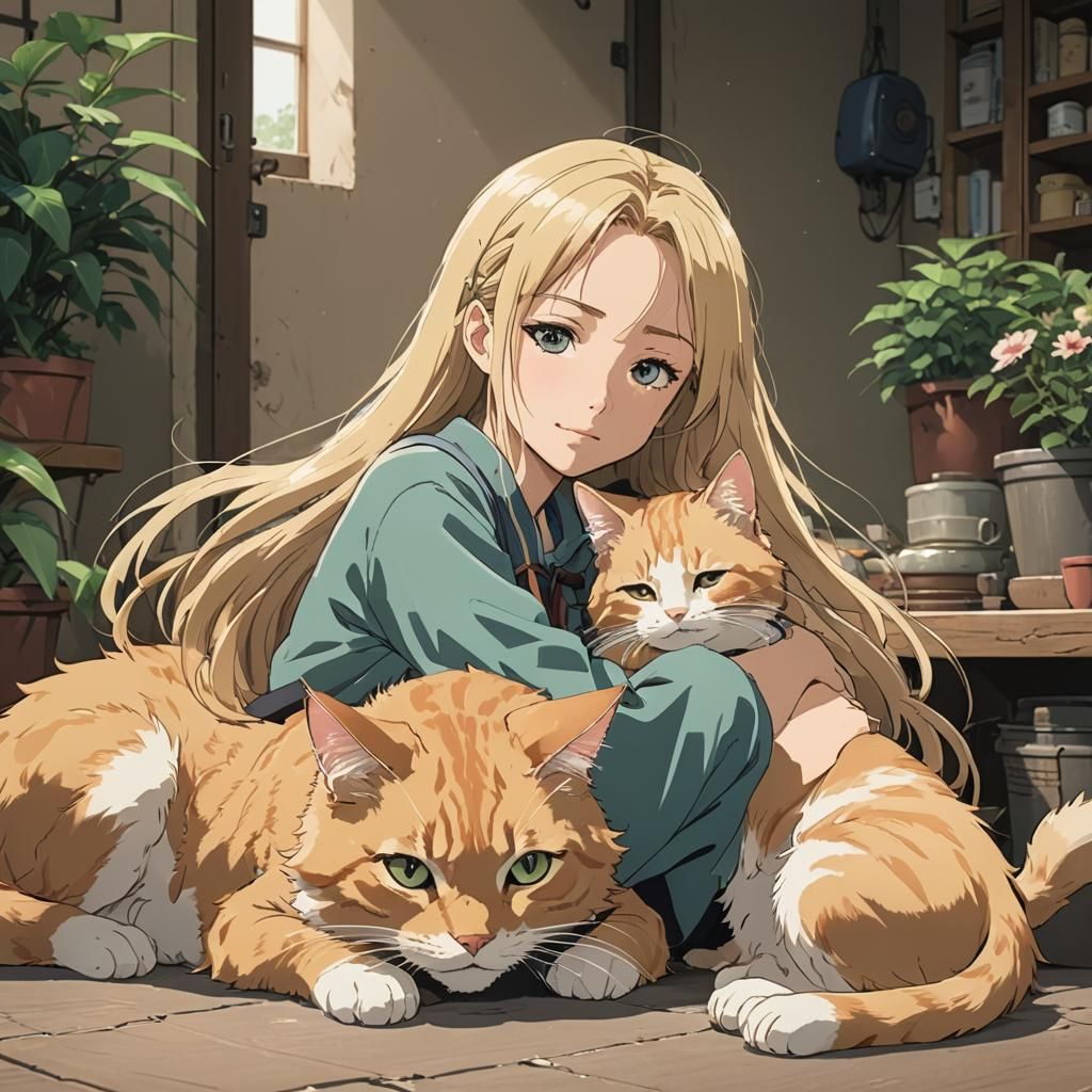 Anime Girl Cuddling Cat in Ghibli Style