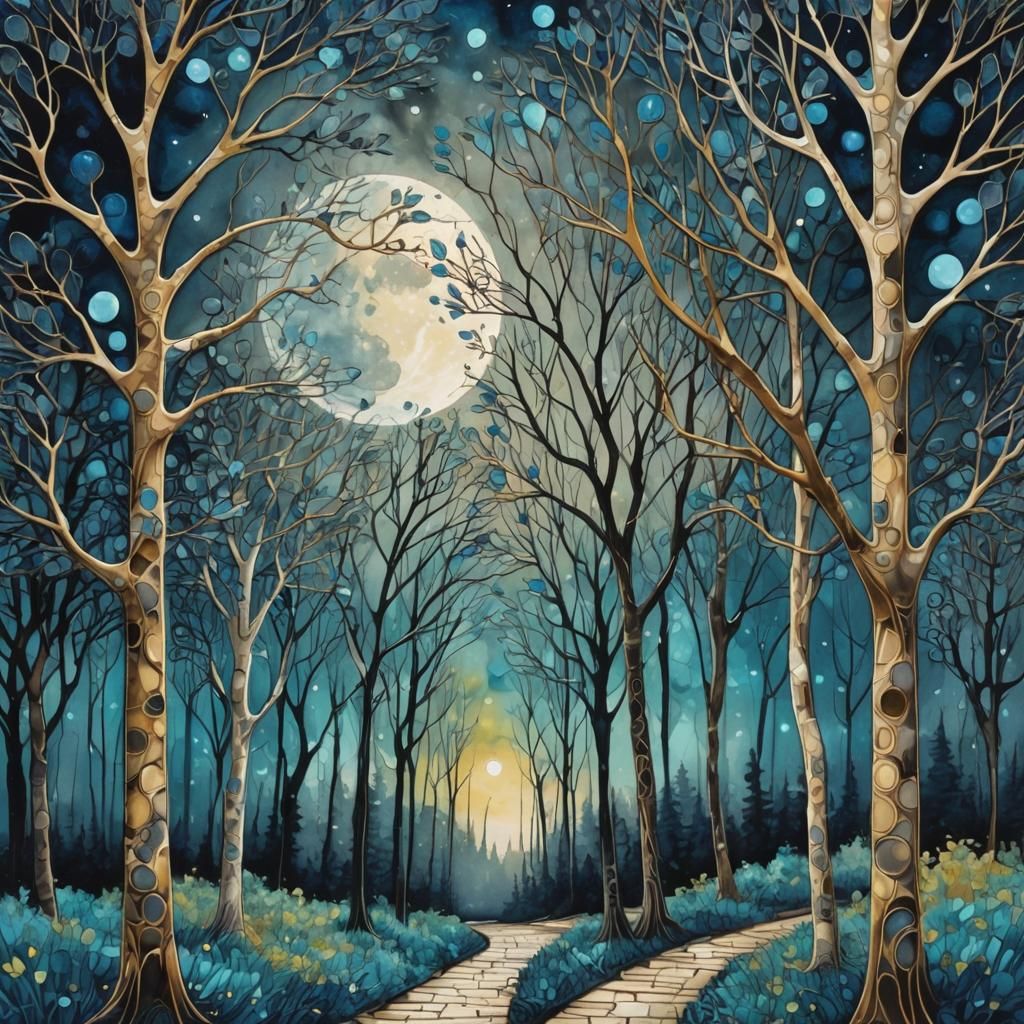 Moonlit Forest Pathway in Impasto Alcohol Ink Style