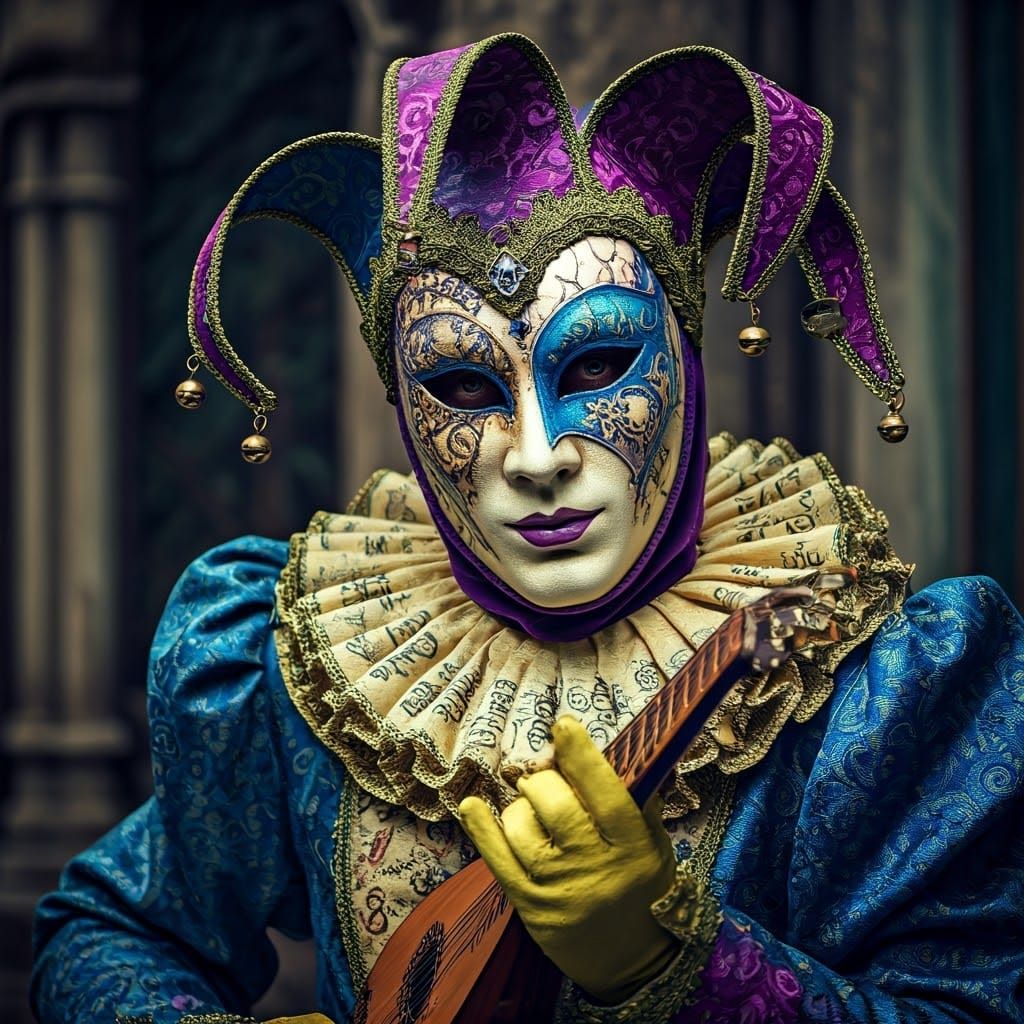 Ornate Jester Mask with Lute Performance
