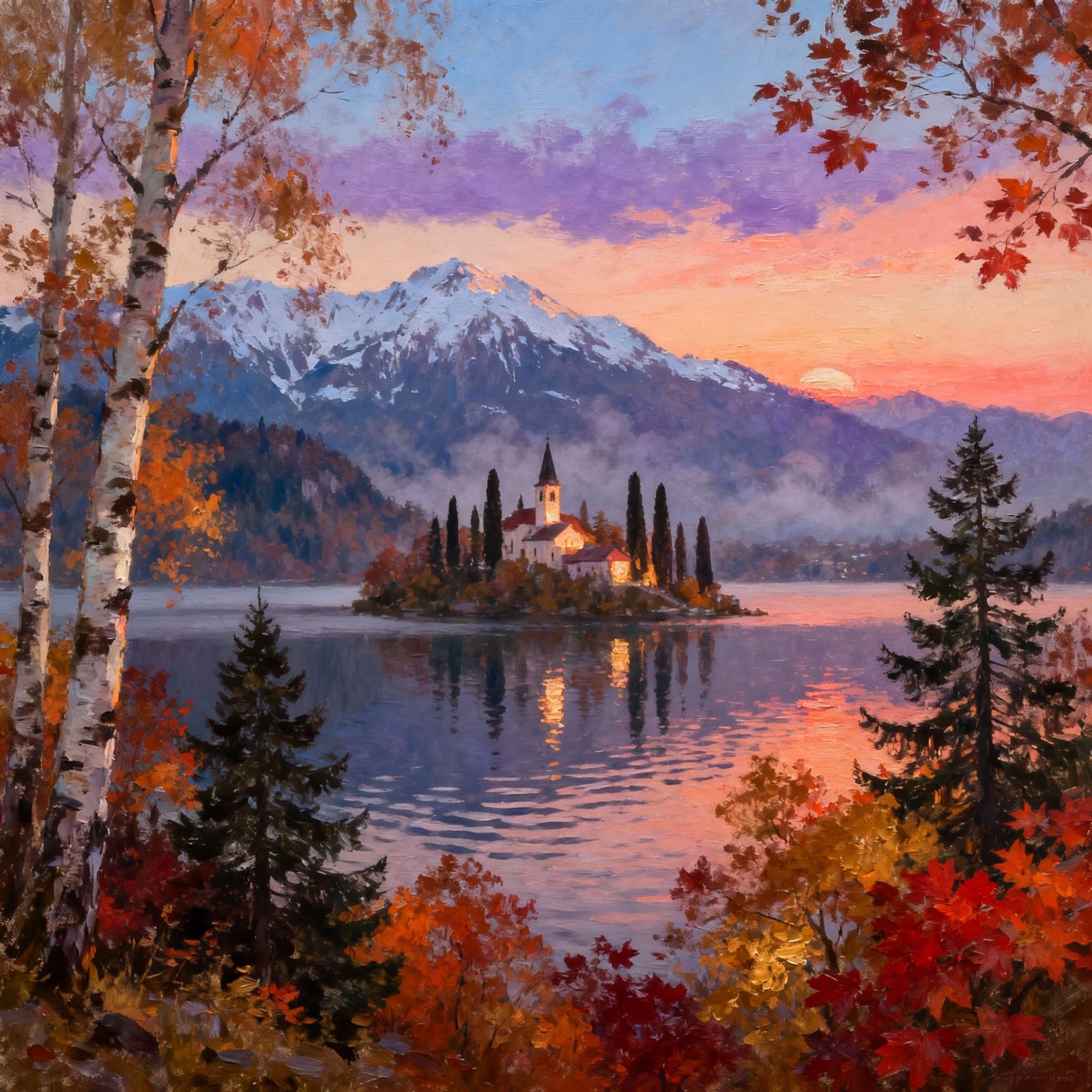 Serene Island Monastery at Sunset with Autumn Mountains