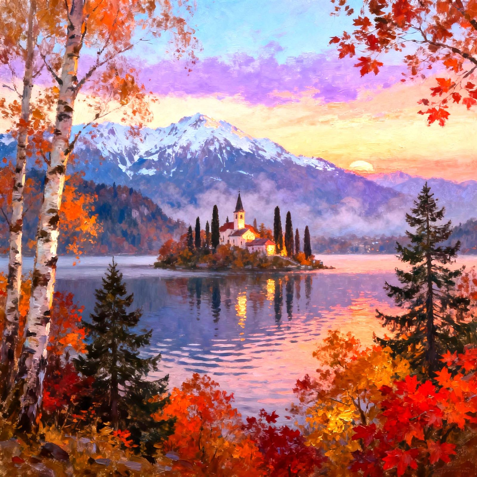 Serene Island Monastery at Sunset with Autumn Mountains