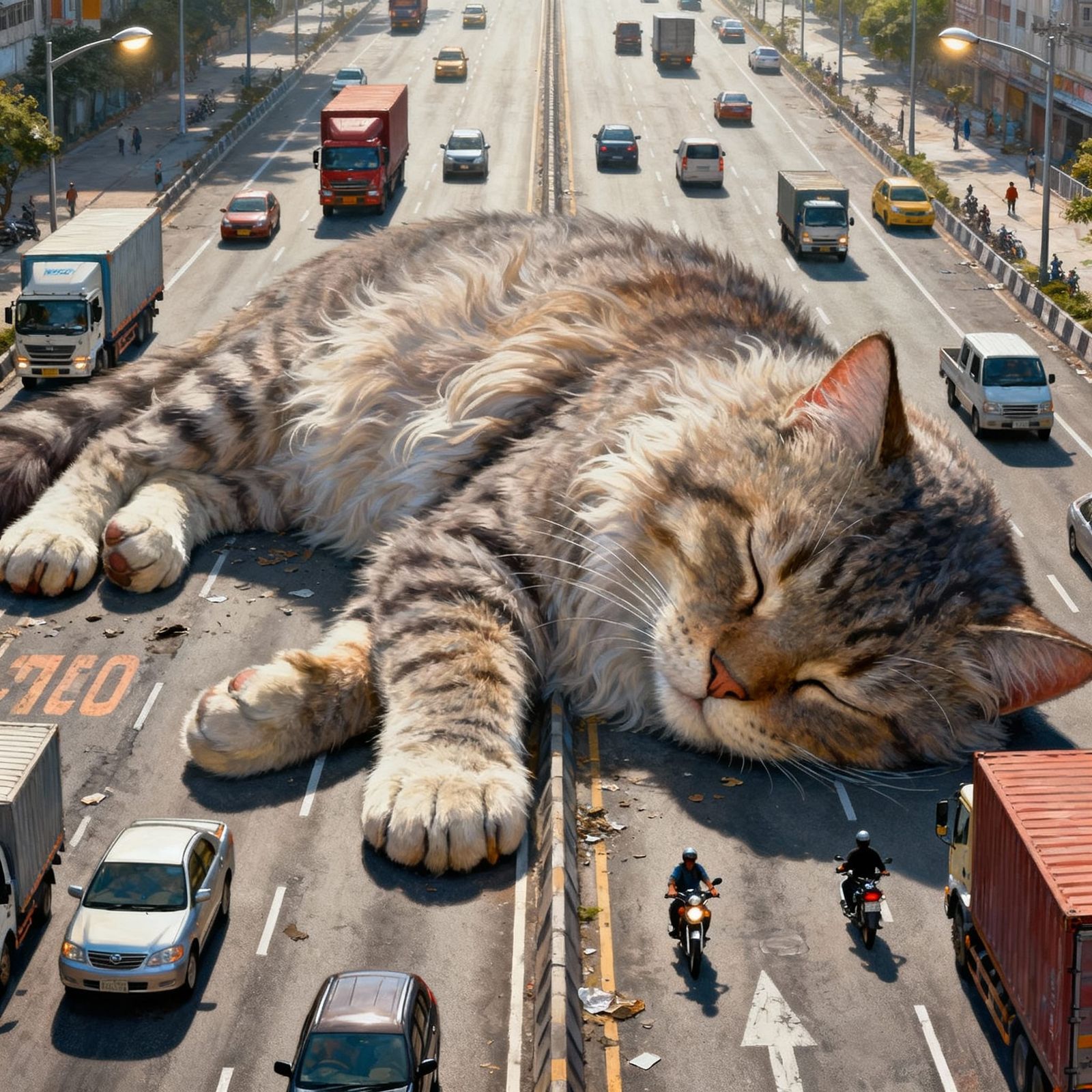 Giant Cat Sleeps Peacefully on Busy Highway