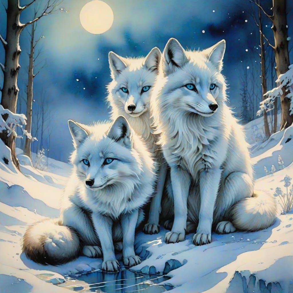 Two majestic arctic foxes both have "Bright Blue Eyes" "One fox is sitting on the snow" "The other fox is walkingin the ...