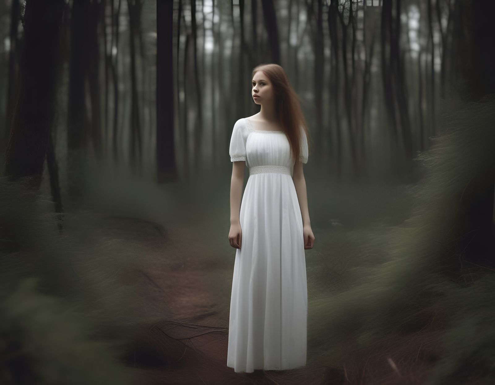 Girl in White Dress Lost in Woods