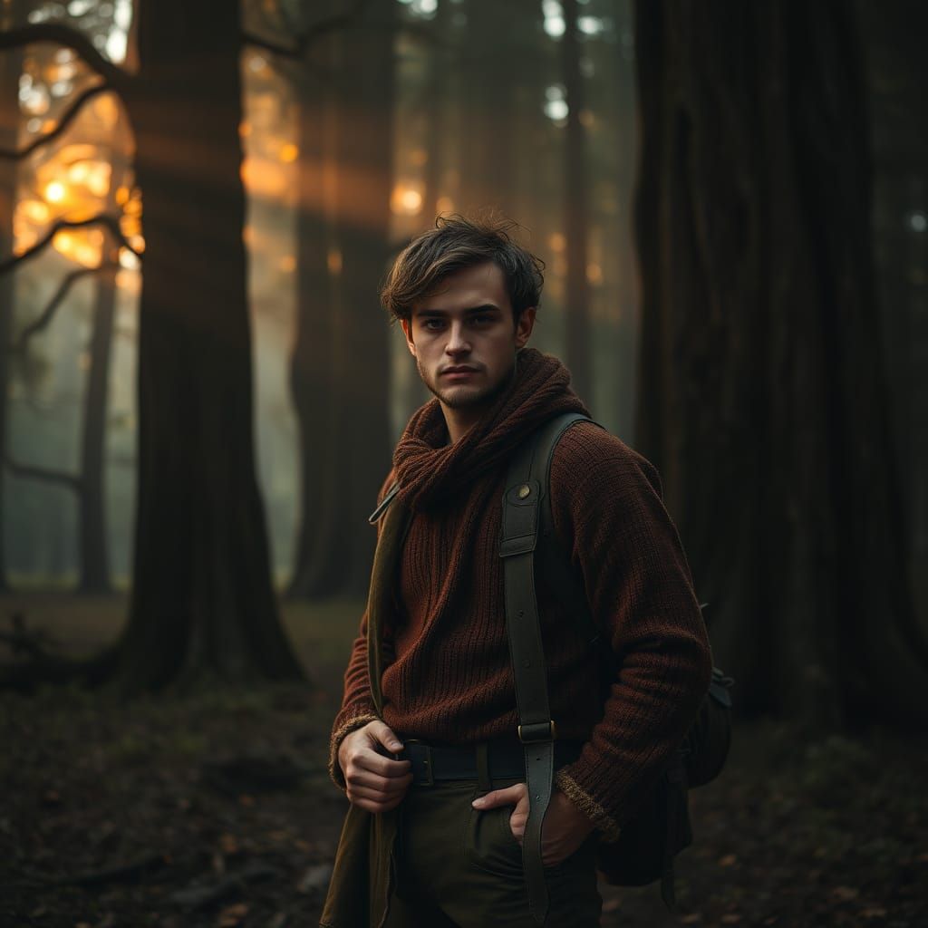 Aidan in Misty Forest with Golden Light