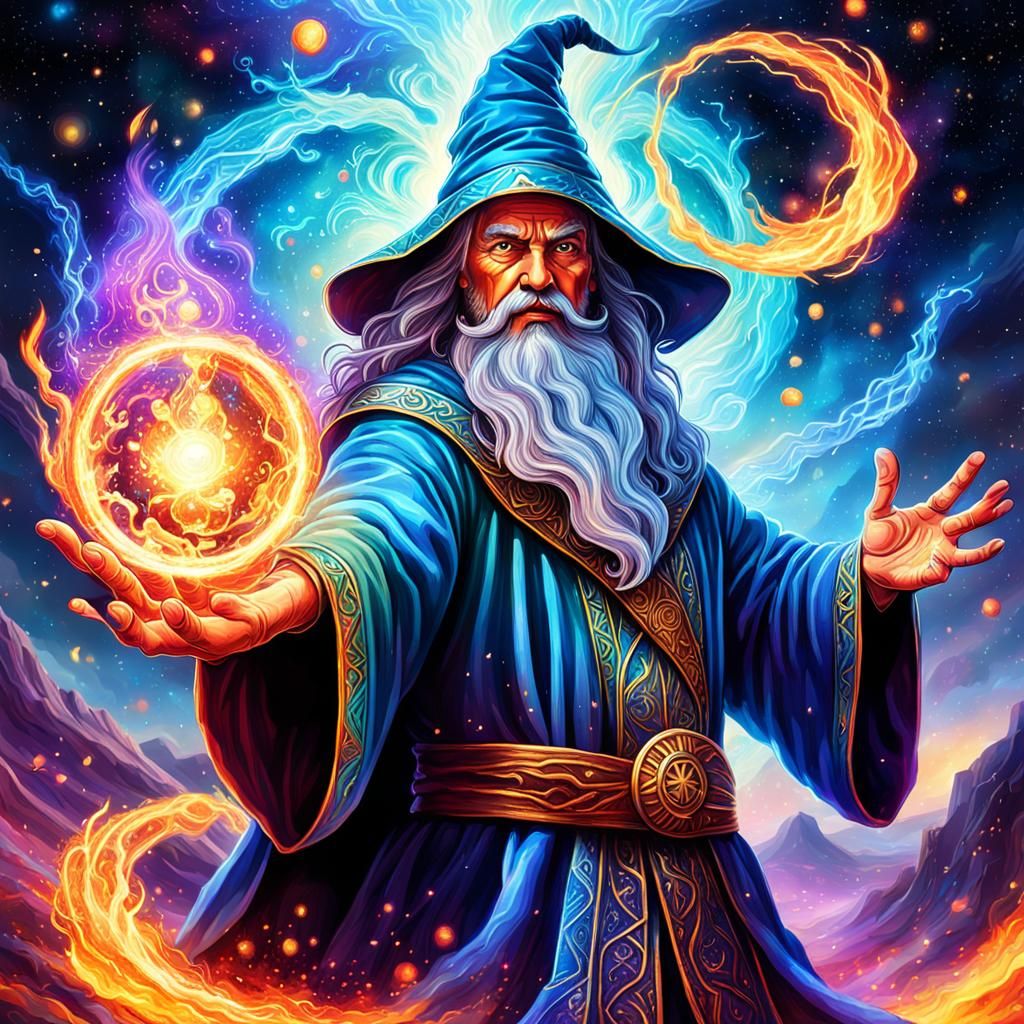 Wizard Conjuring Fire Magic: Holographic Cosmic Illustration