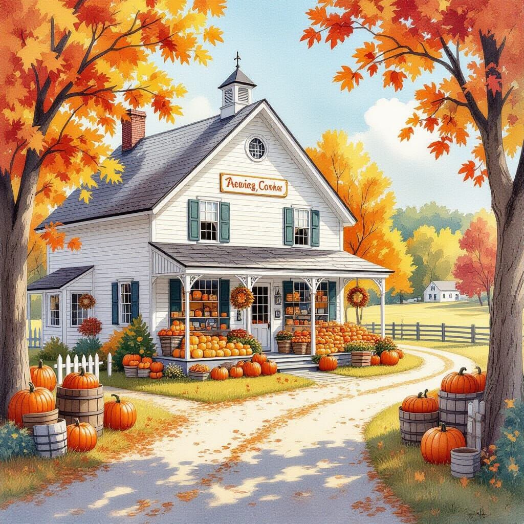 Nostalgic Autumn Country Store Watercolour Illustration