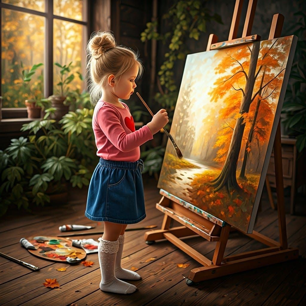 Girl Painting Autumn Scene Inspired by Classic Illustration