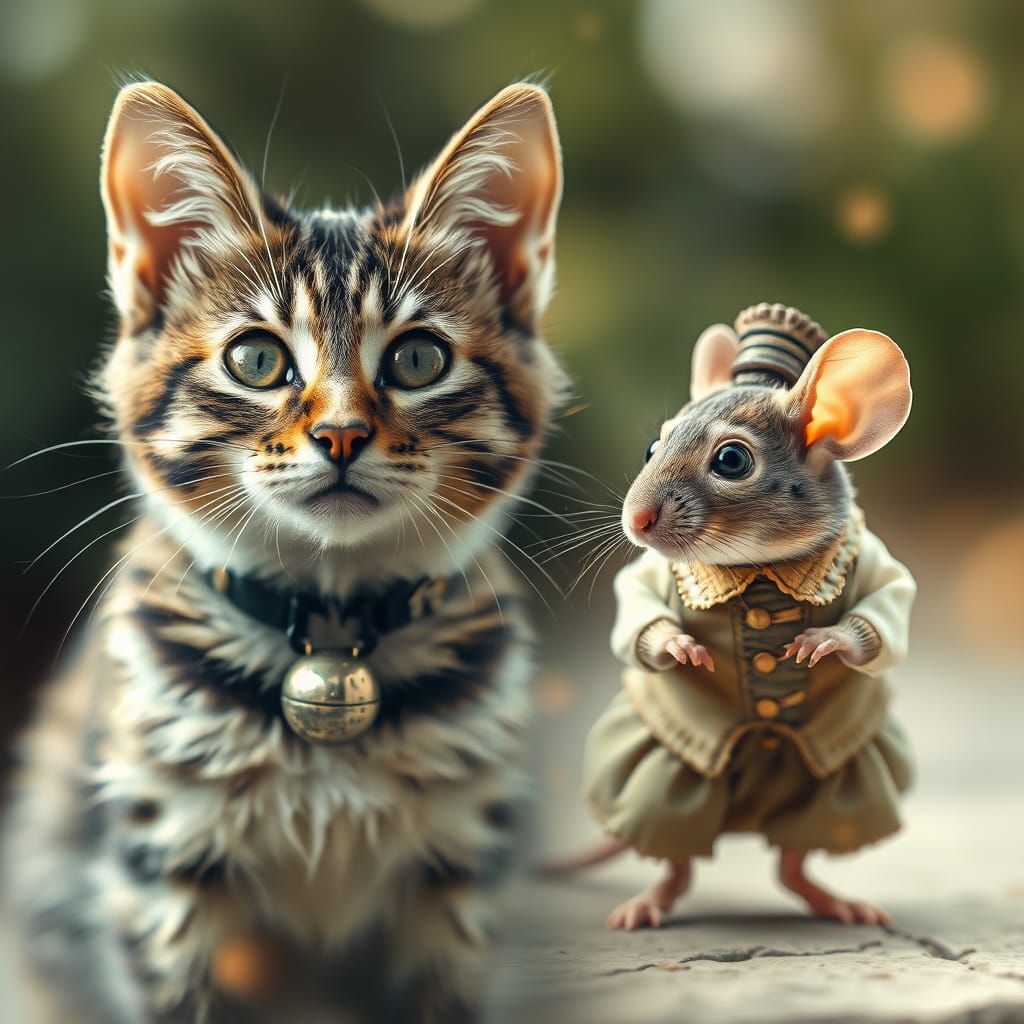 Whimsical Double Exposure of Cat and Mouse in Dreamy Pastels