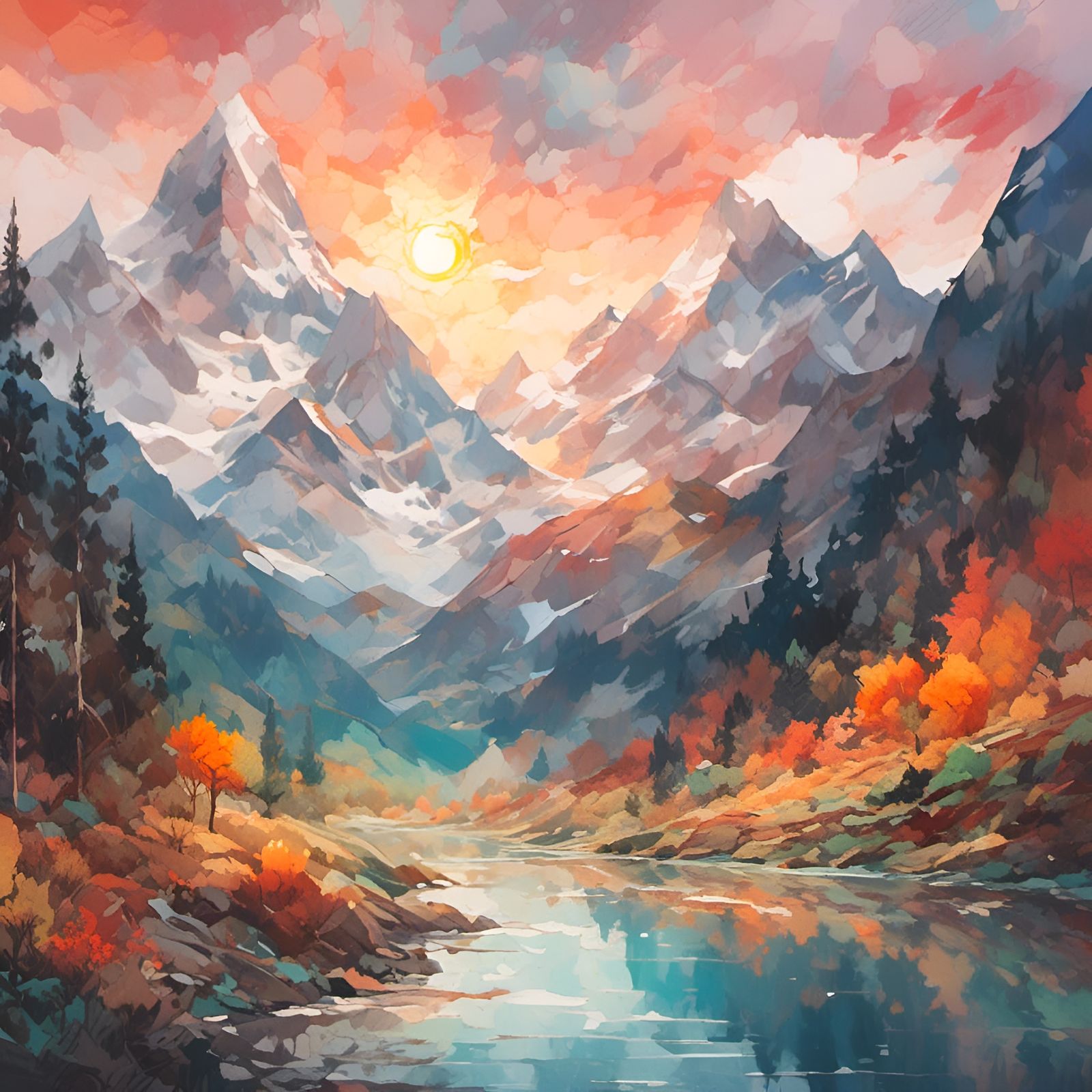 Sunset Mountain Landscape in Gouache Watercolor Style