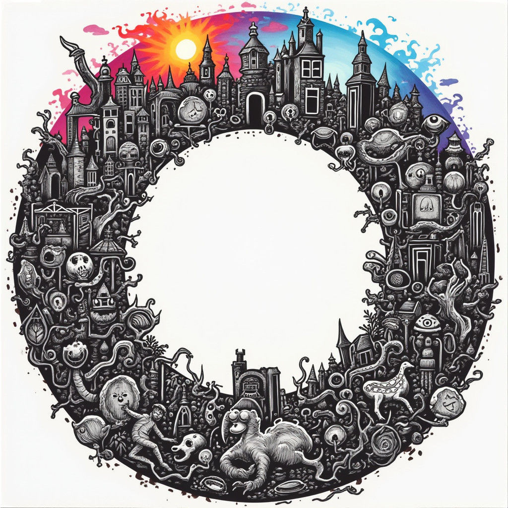 Detailed Circle with Miniature Figures in Graffiti Style