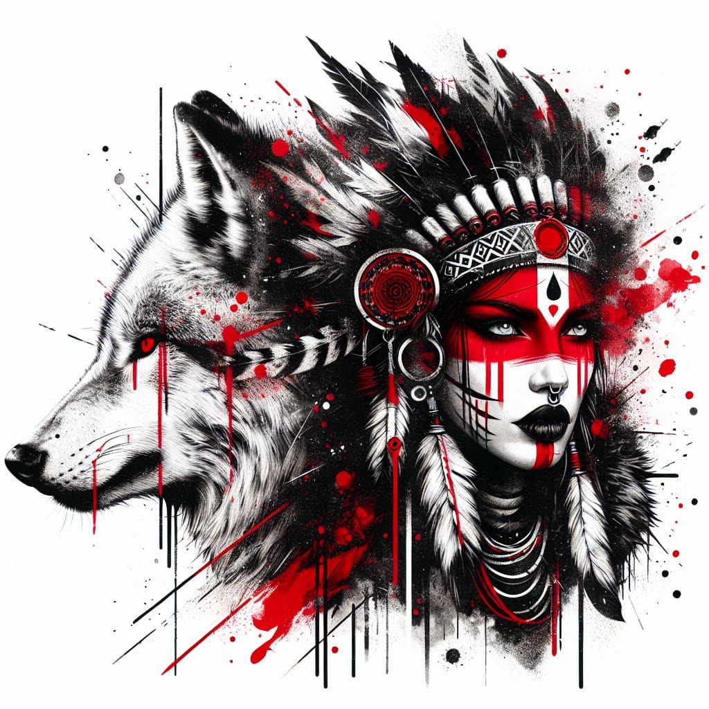 Tribal Warrior Woman with Red Wolf in Trash Polka Style