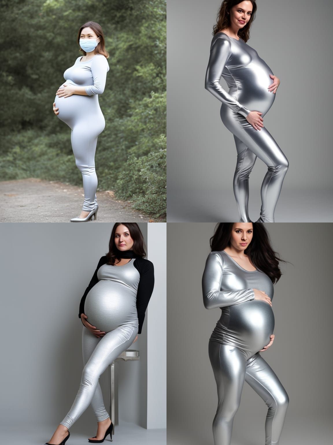 Pregnant Woman in Silver Catsuit Portrait
