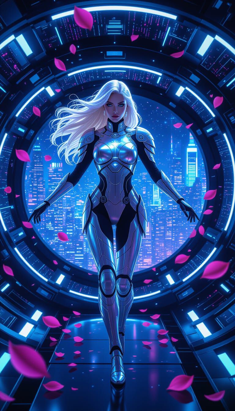 Cyber Goddess in Neon Spaceship - Futuristic Digital Art