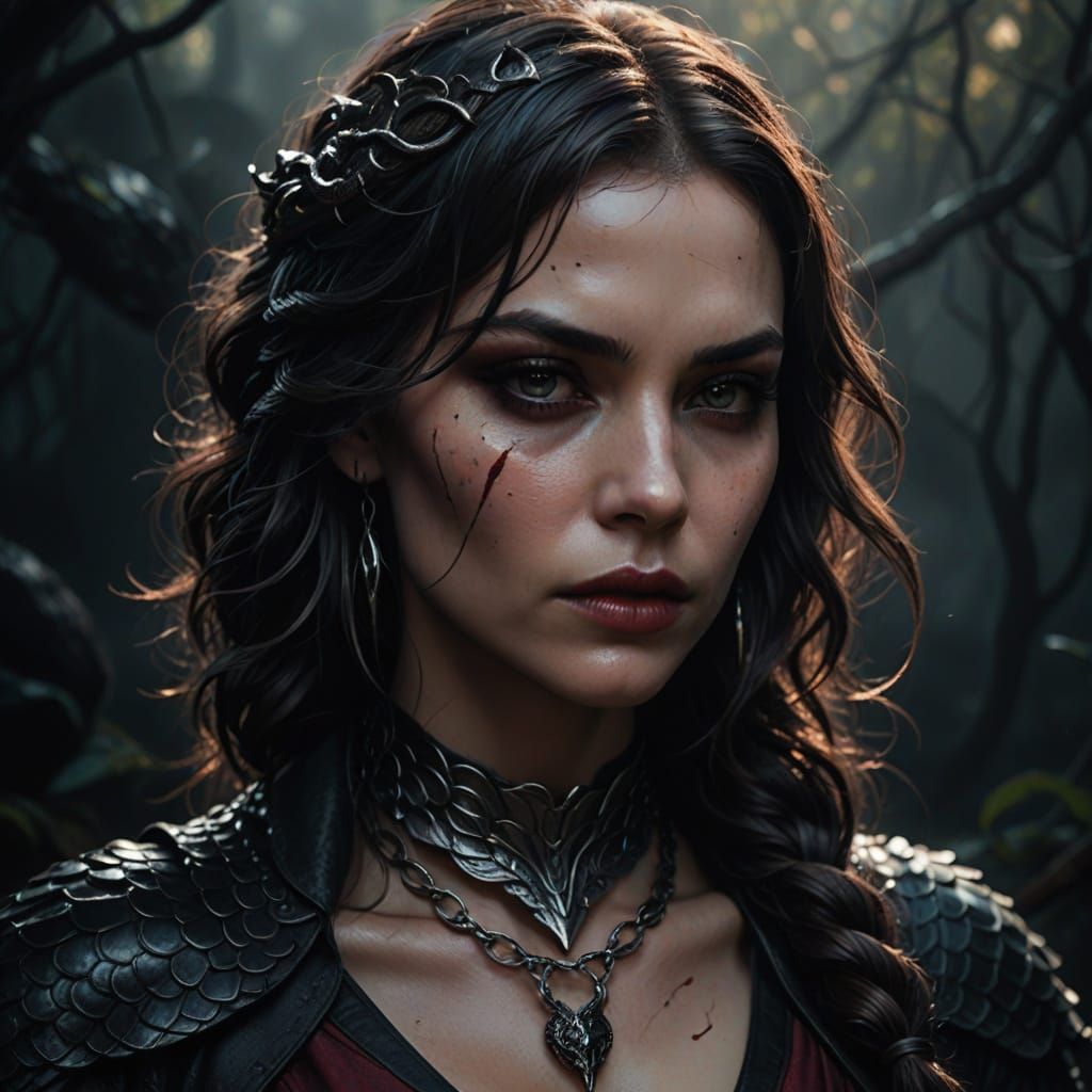 Mysterious Dark Fantasy Portrait in Moody Red and Black