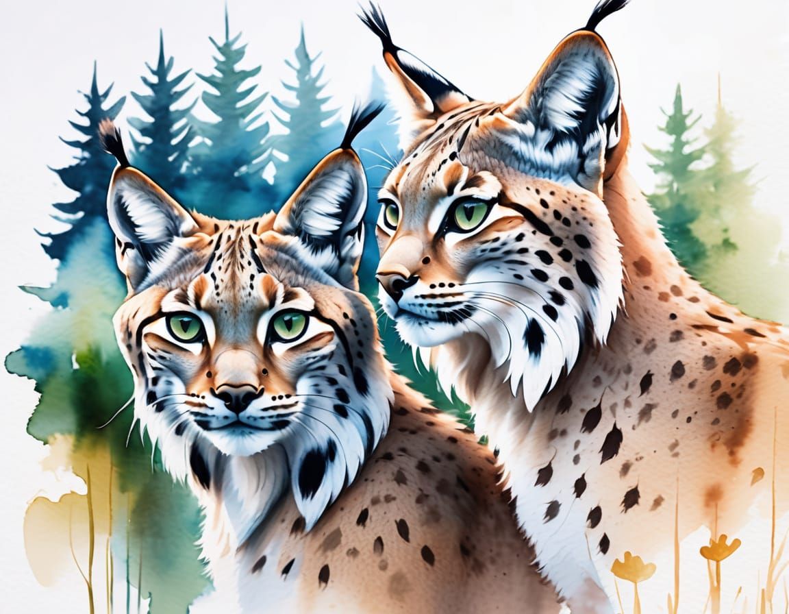 Surreal Whimsical Watercolor Illustration of Lynx Family in ...