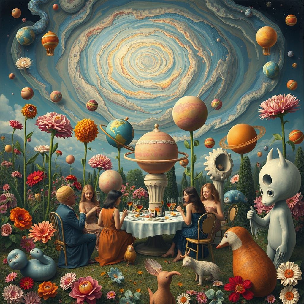 Surreal Planetary Garden Party as Fantasy Art