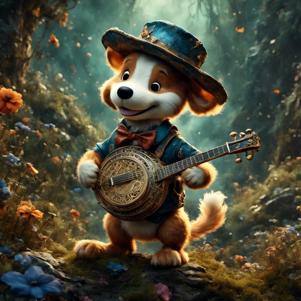 Snoopy Plays Banjo in Romantic Watercolor Style