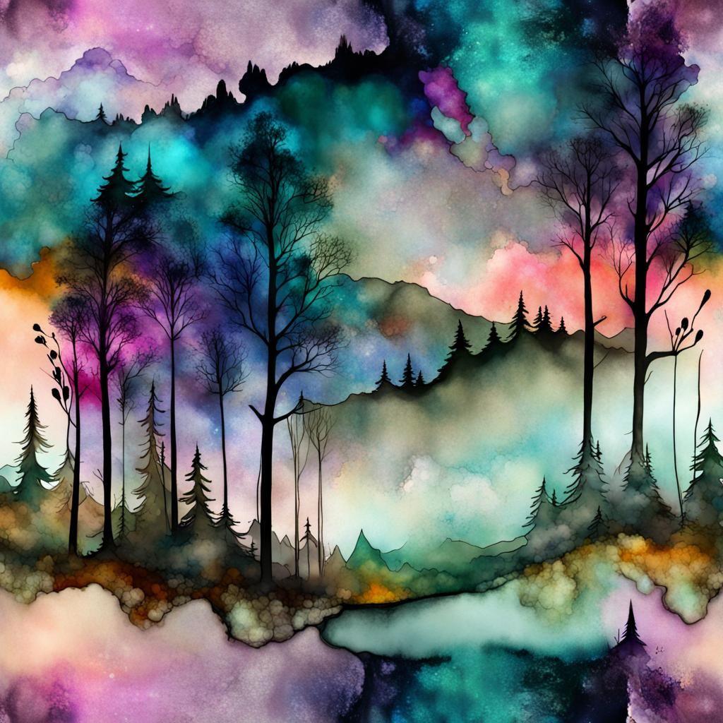 Abstract Alcohol Ink Forest with Nebula Sky