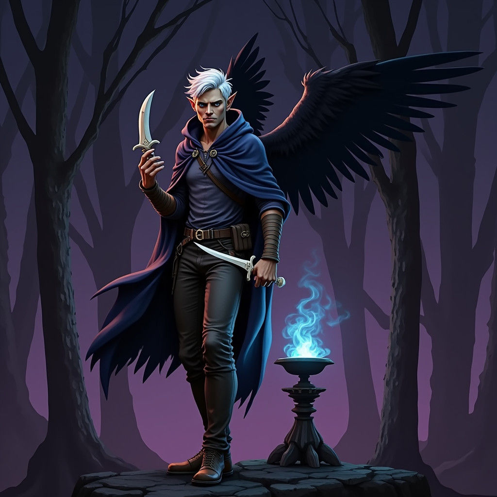 Majestic Wood-Elf Angel with Raven Wings