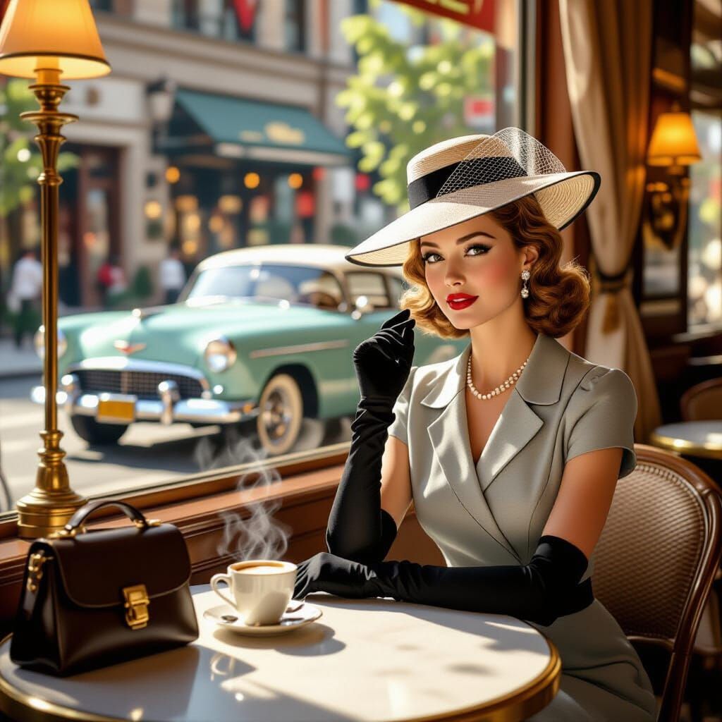 1940s Woman in Elegant Cafe, Vintage Car Outside
