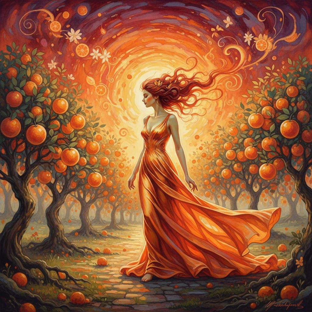 Sunset Stroll: Woman in Citrus Orchard, Painterly Style