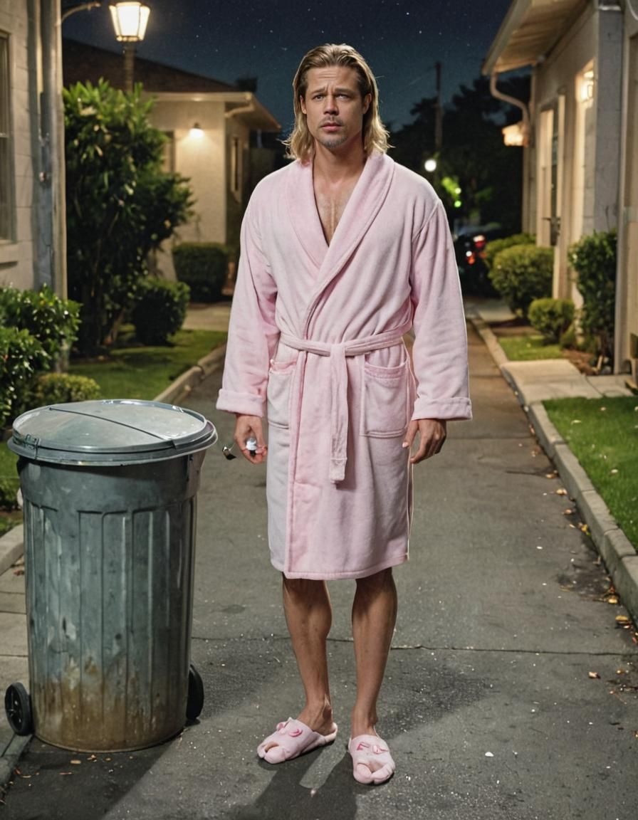 Brad Pitt, age 25, wearing a short pastel pink bathrobe that...