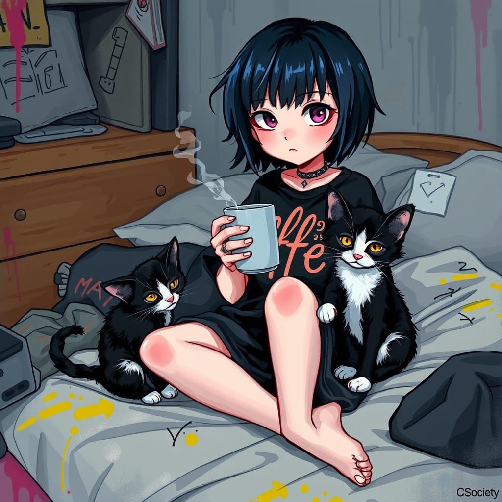 Gothic Emo Girl Sips Coffee with Kitten