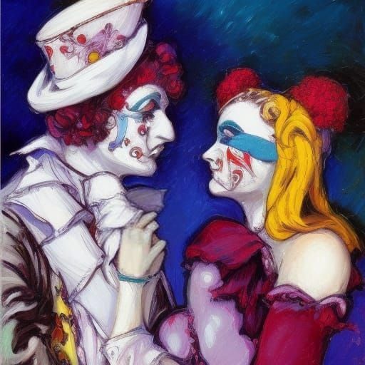 Pierrot and Harlequin Embrace: Impasto Style Painting