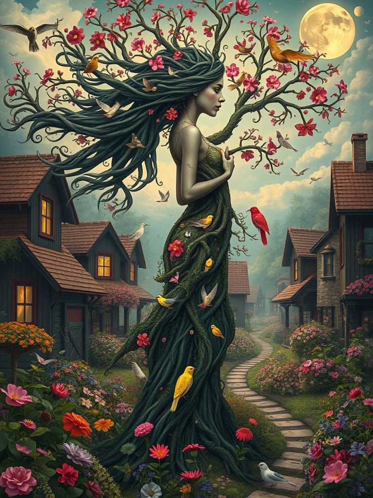 Woman-Tree Hybrid in Vibrant Springtime Village