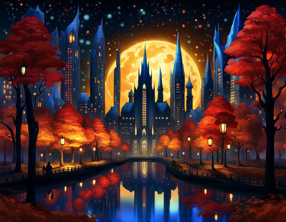 Futuristic Elven City at Night in Art Nouveau
