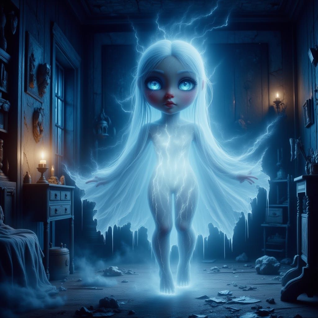 Cute Ghost Gloria in Antique Bedroom Illustration