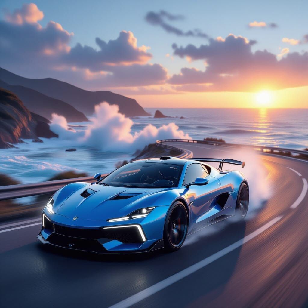 Futuristic Blue Sports Car on Coastal Road at Sunset